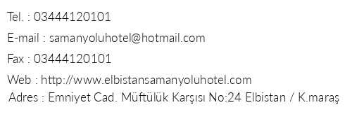 Elbistan Samanyolu Hotel telefon numaralar, faks, e-mail, posta adresi ve iletiim bilgileri